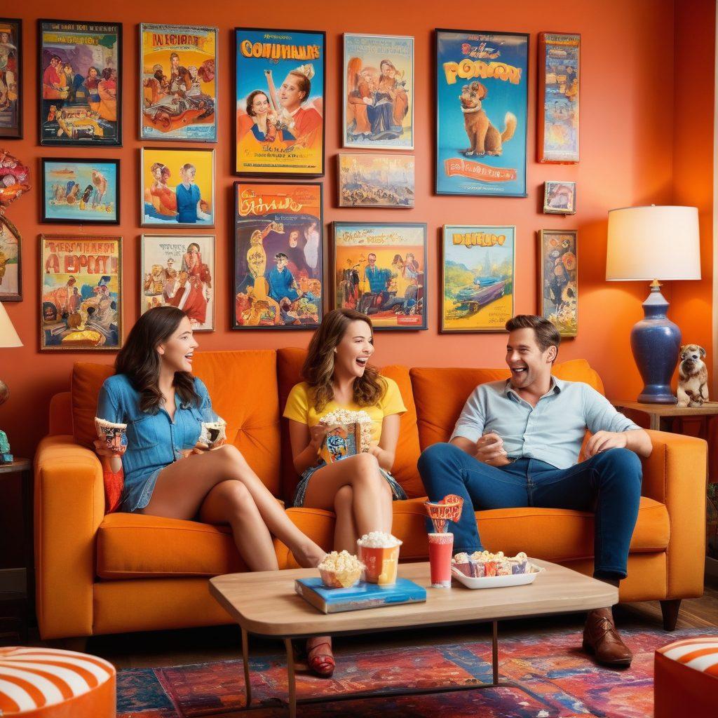 A lively scene depicting a cozy living room filled with laughter and joy, featuring a TV playing a classic comedy show with vibrant characters and colorful backgrounds. Include a group of diverse friends sitting on a couch, sharing popcorn and smiling together, surrounded by vintage movie posters and playful decor that captures the essence of humor. super-realistic. vibrant colors. warm lighting.