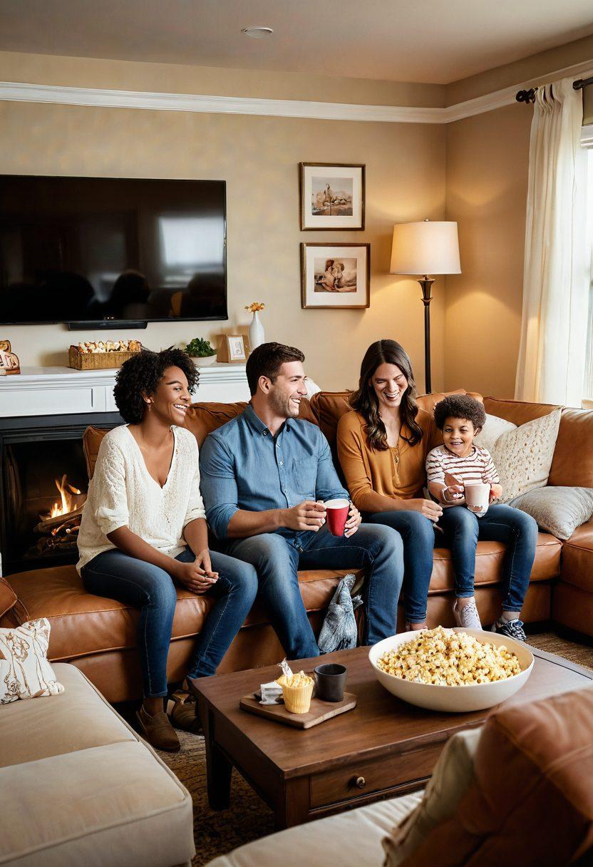 A warm and inviting living room scene, showcasing a diverse family gathering around a large television, laughing and enjoying a comedy series. Soft lighting and comfortable furniture create a cozy atmosphere, while various family portraits and playful decorations reflect their close bond. Include a bowl of popcorn and drinks on a coffee table, emphasizing togetherness and joy. super-realistic. warm colors. cozy ambiance.