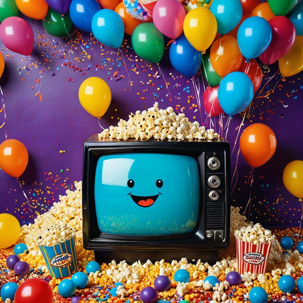 A vibrant collage depicting various elements of joyful entertainment: a retro television displaying a classic comedic series, humorous characters bursting with laughter, colorful movie reels, and playful popcorn scattered around. The background is filled with balloons and confetti, creating a festive atmosphere. Emphasize the concept of joy and laughter in entertainment. super-realistic. vibrant colors. playful design.